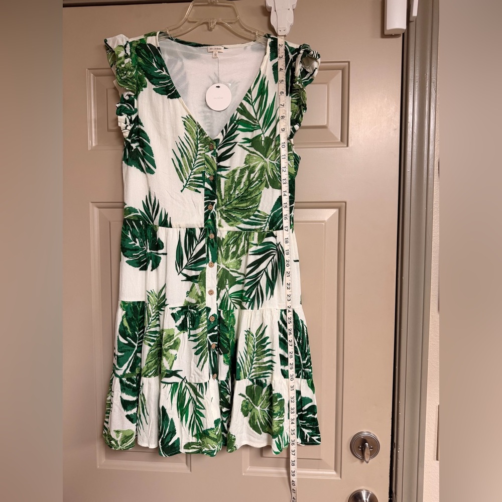En Créme Women’s Size Large Tropical Green Leaf V-Neck Button-Front Dress - Picture 12 of 13